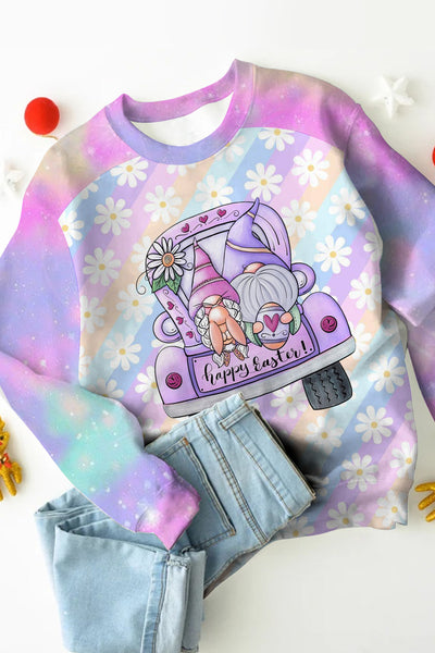 Happy Easter Truck & Gnomes Daisy Rainbow Gradient Printed Sweatshirt
