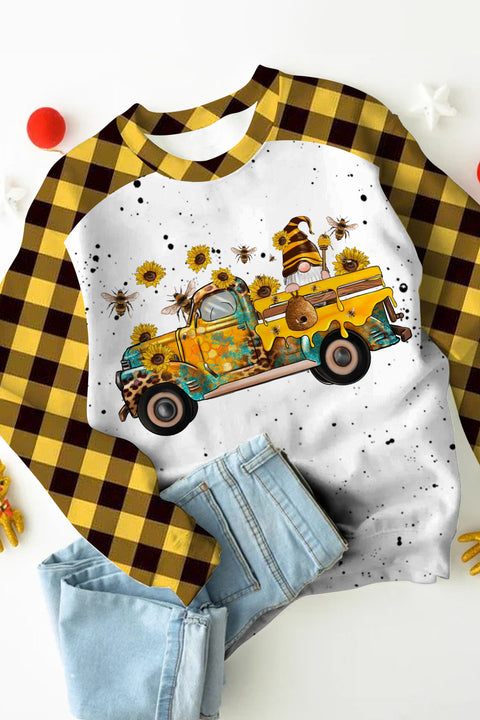 Western Gnomes Truck With Bees And Sunflowers Plaid Print Sweatshirt