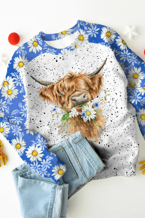 Daisy Floral Highland Cow Spring Print Sweatshirt