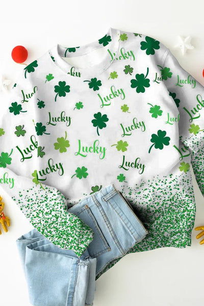 Green Glitter Lucky Leaf Clover Long-Sleeved Sweatshirt