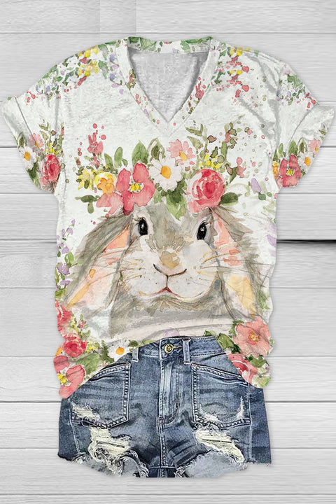 Happy Easter Bunny Watercolor Flower Garden Spring Floral Printed V Neck T-shirt