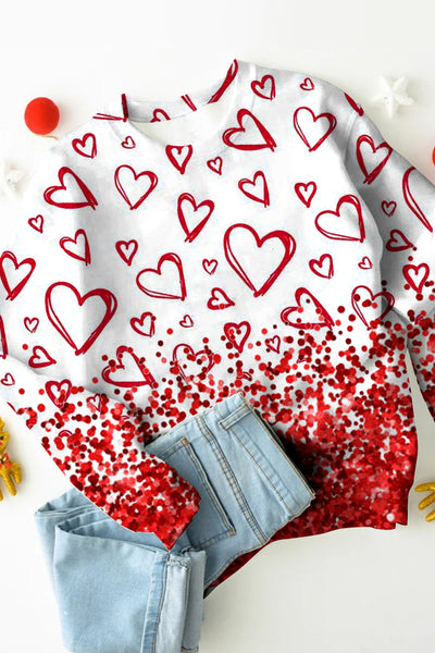 Glitter Red Heart-shape Round Neck Sweatshirt