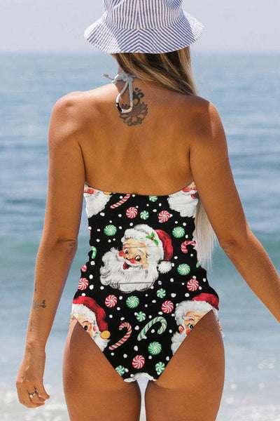 Retro Vintage Jolly Santa Claus Print Bikini Swimsuit