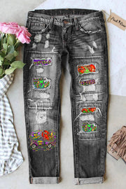 Mardi Gras Truck With Mask Fleur De Lis And Crawfish Western Leopard Print Ripped Denim Jeans