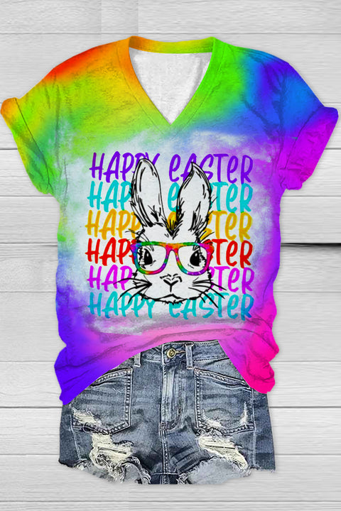 Happy Easter Rainbow Bunny With Glasses Tie Dye Print V Neck T-shirt