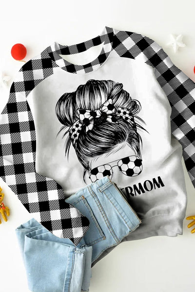Soccer Mom Messy Bun Plaid Print Sweatshirt