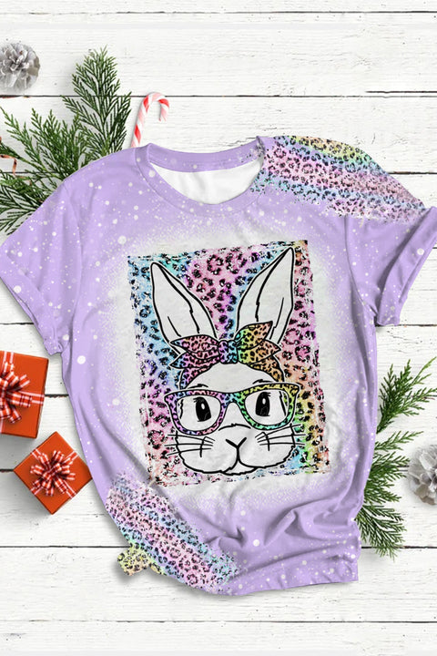Rainbow Leopard Easter Bunny With Glasses Bleached Print O Neck T-shirt