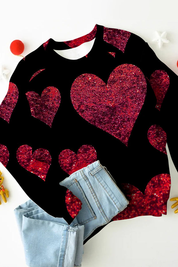 Glitter Red Heart Sparkles Print Sweatshirt