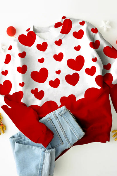 Red Love Heart-Shaped Round Neck Casual Sweatshirt