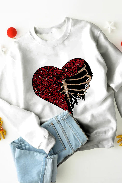 Skull Heart Round Neck Shift Casual Sweatshirt