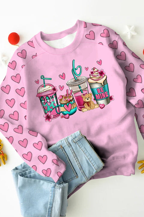 Love Coffee Cups Pink Heart Print Sweatshirt