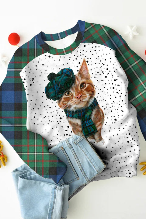 Green Plaid Cute Cat Print Sweatshirt