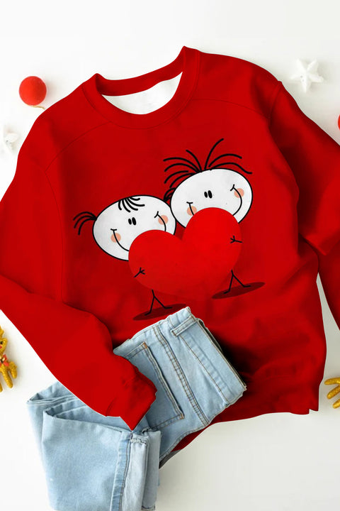 Red Heart-Shape Lovers Print Sweatshirt