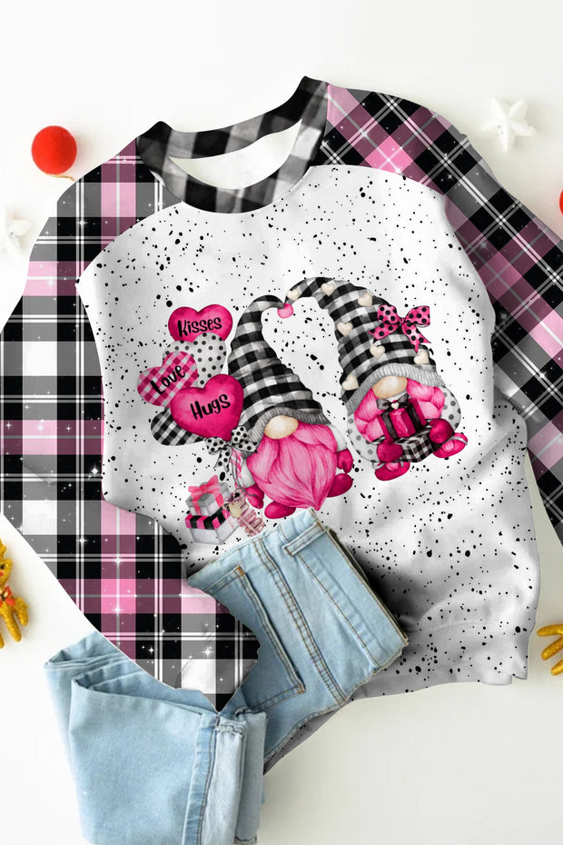 Gnomes Love Heart-Shaped Balloons Plaid Polka Print Sweatshirt