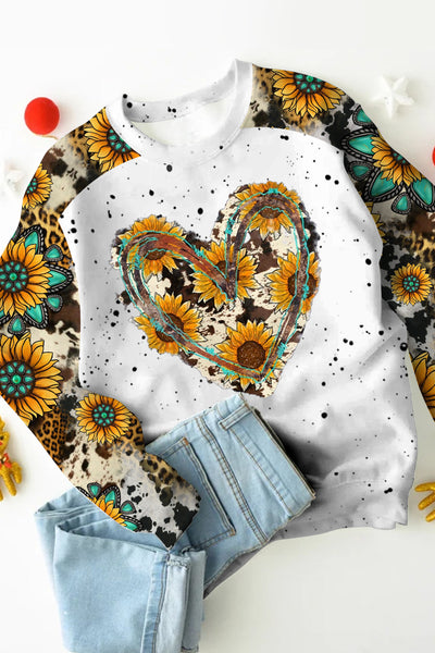 Cowhide Heart And Sunflower Print Sweatshirt
