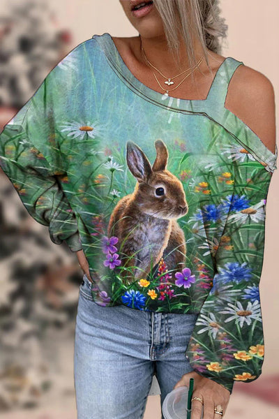 Happy Easter Cute Bunny And Flowers Off-Shoulder Blouse