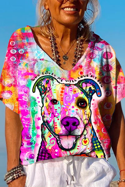 Beloved Tongue Out Dog Vintage Oil Painting Abstract Cute Style Dolman Sleeves Tee