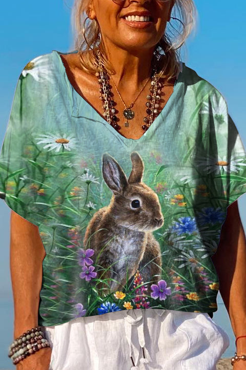 Happy Easter Cute Bunny And Flowers Dolman Sleeves Tee