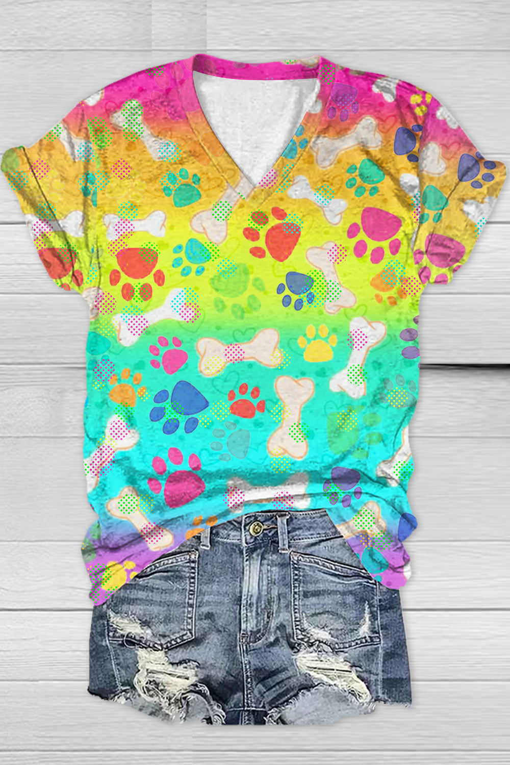 Vintage Fashion Tie Dye And Cute Dog Paws V Neck T-shirt