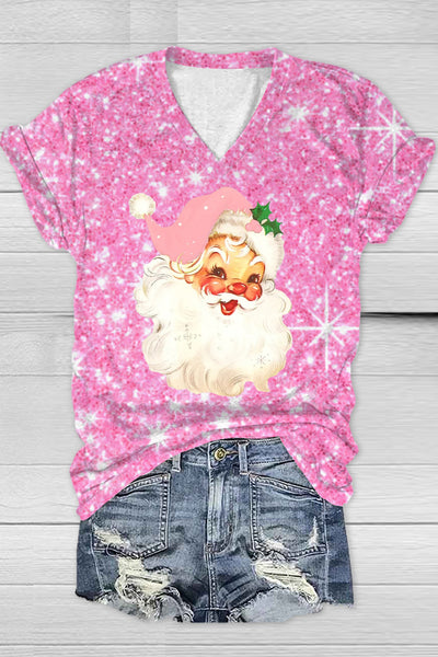 Pink Christmas Santa Print V-Neck T-Shirt
