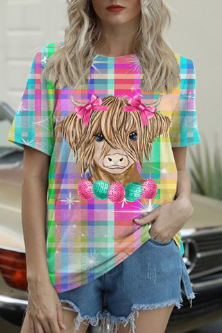 Easter Highland Cow With Pink Bow Hairpin Macarons Plaid Print Round Neck T-shirt