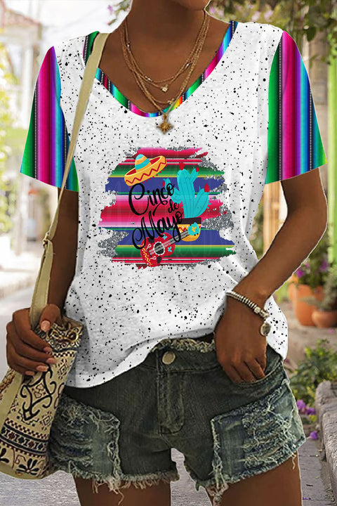 Cinco De Mayo Mexican Western Striped Print V Neck T-shirt