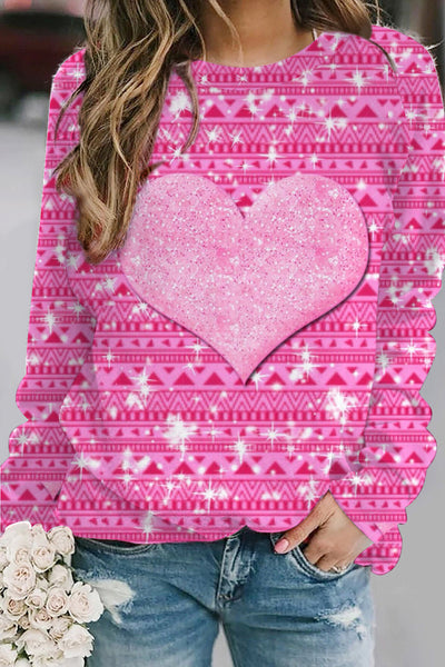 Glitter Pink Heart Sparkles Geometric Print Sweatshirt