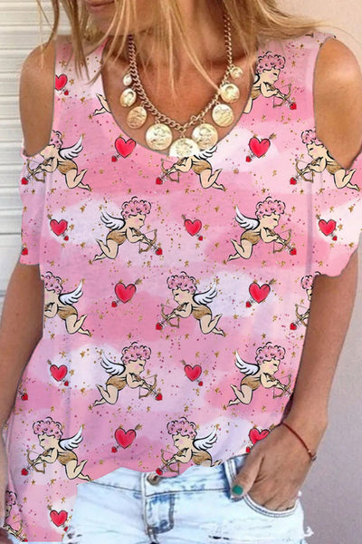 Pink Cupid Print Cold Shoulder T-Shirt