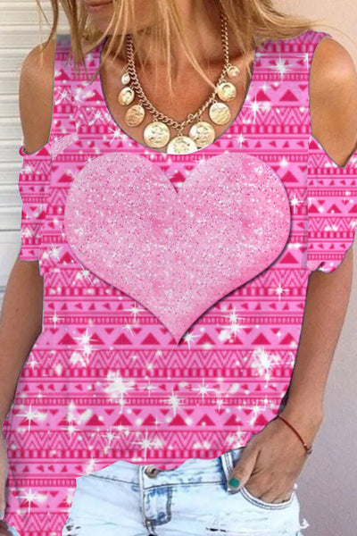 Glitter Pink Heart Sparkles Geometric Print Cold Shoulder T-Shirt