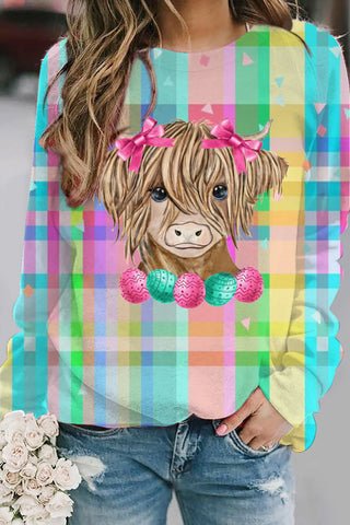 Easter Highland Cow With Pink Bow Hairpin Macarons Plaid Print Sweatshirt