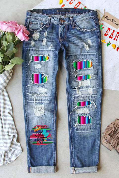 Cinco De Mayo Mexican Western Striped Print Ripped Denim Jeans