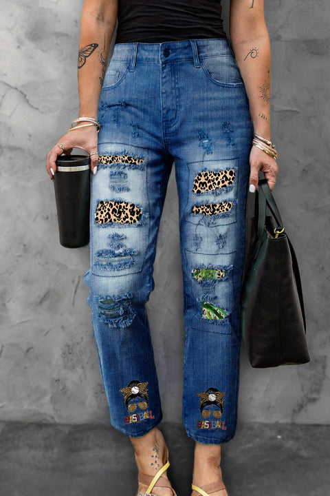 Loud and Proud Baseball Mom Leopard Ripped Denim Jeans