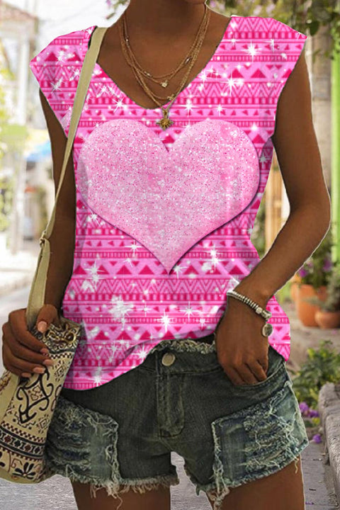 Glitter Pink Heart Sparkles Geometric Print Tank Top