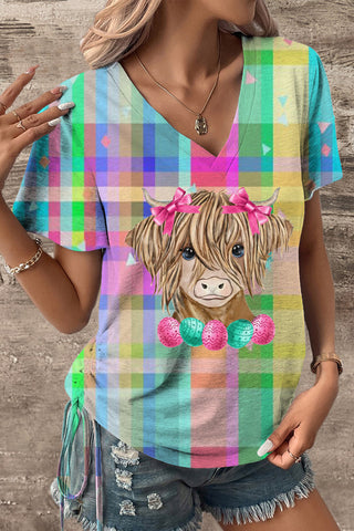 Easter Highland Cow With Pink Bow Hairpin Macarons Plaid Print V-neck T-shirt