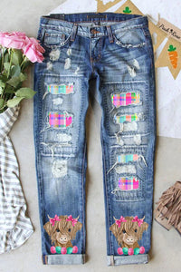 Easter Highland Cow With Pink Bow Hairpin Macarons Plaid Print Ripped Denim Jeans
