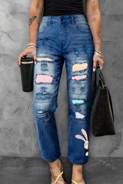 Glitter Pink Blue Easter Day Bunny Ripped Denim Jeans