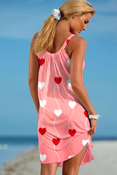 Pink Love Heart-Shaped Print Sleeveless Dress