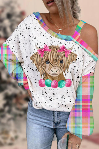 Easter Highland Cow With Pink Bow Hairpin Polka Print Off-Shoulder Blouse