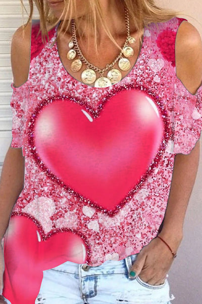 Glitter Pink Heart Sparkles Print Cold Shoulder T-Shirt