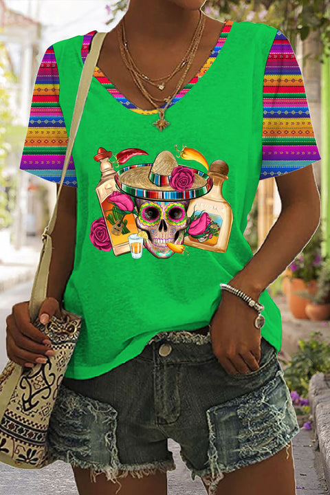 Mexican Skull Sombrero Tequila Bottle Pepper Roses Printed V Neck T-shirt