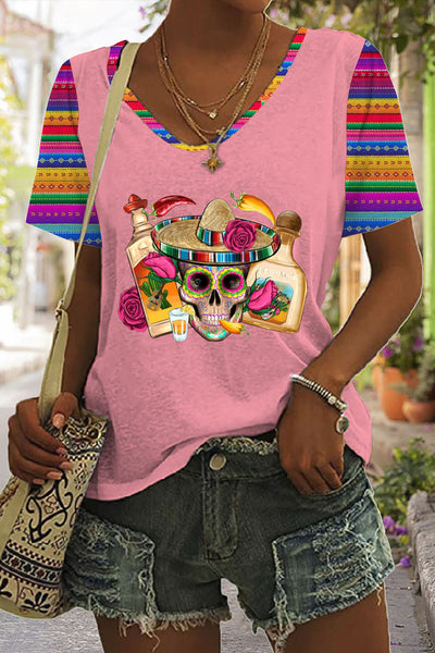 Mexican Skull Sombrero Tequila Bottle Pepper Roses Printed V Neck T-shirt