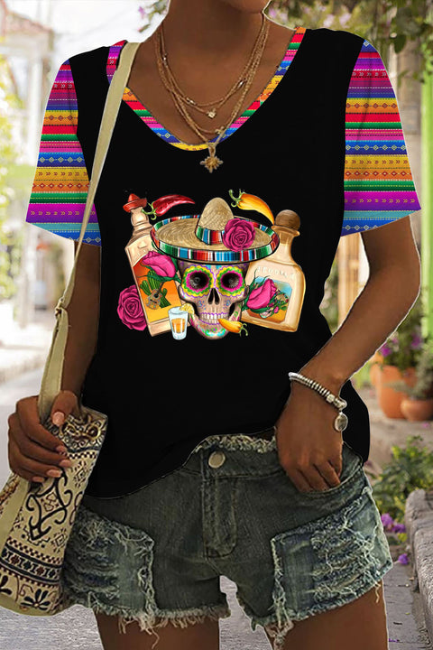 Mexican Skull Sombrero Tequila Bottle Pepper Roses Printed V Neck T-shirt