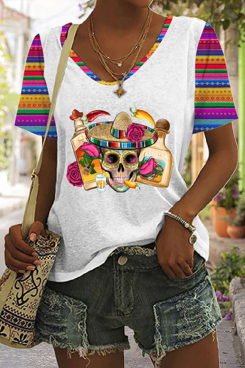 Mexican Skull Sombrero Tequila Bottle Pepper Roses Printed V Neck T-shirt