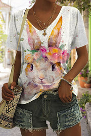 Retro Easter Cute Bunny Watercolor Floral Print V Neck T-shirt