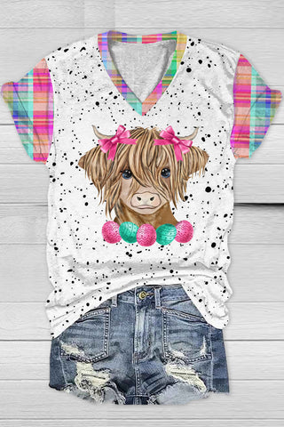 Easter Highland Cow With Pink Bow Hairpin Polka Print V-neck T-shirt