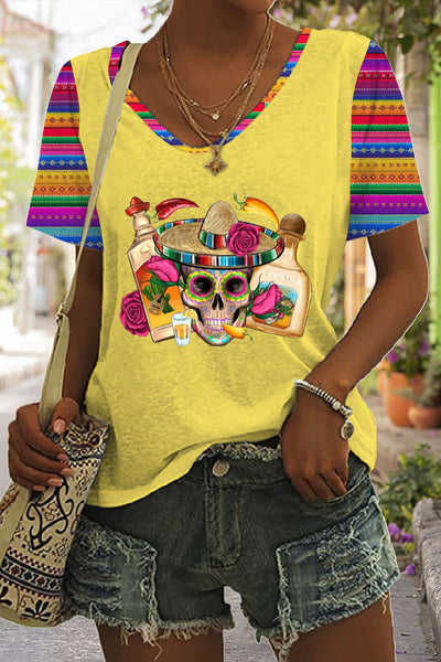 Mexican Skull Sombrero Tequila Bottle Pepper Roses Printed V Neck T-shirt