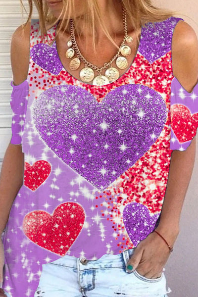 Glitter Purple Heart Sparkles Print Cold Shoulder T-Shirt