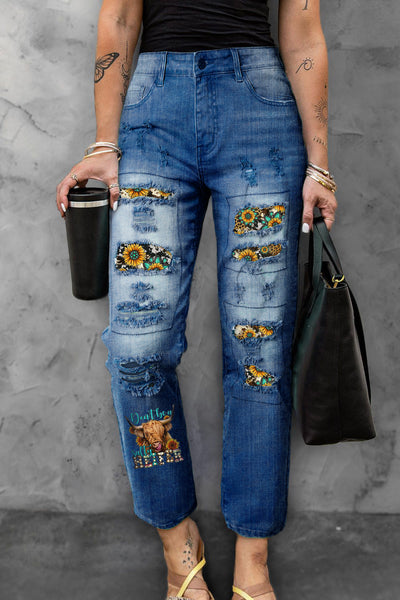 Don't Be A Salty Heifer Long Haired Cow Western Leopard Sunflower Turquoise Print Ripped Denim Jeans