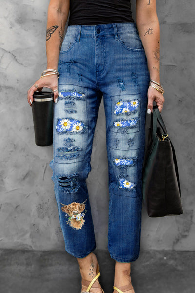 Daisy Floral Highland Cow Spring Print Ripped Denim Jeans