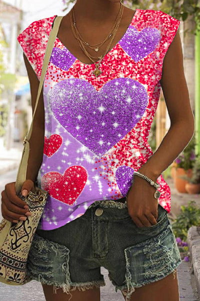 Glitter Purple Heart Sparkles Print Tank Top